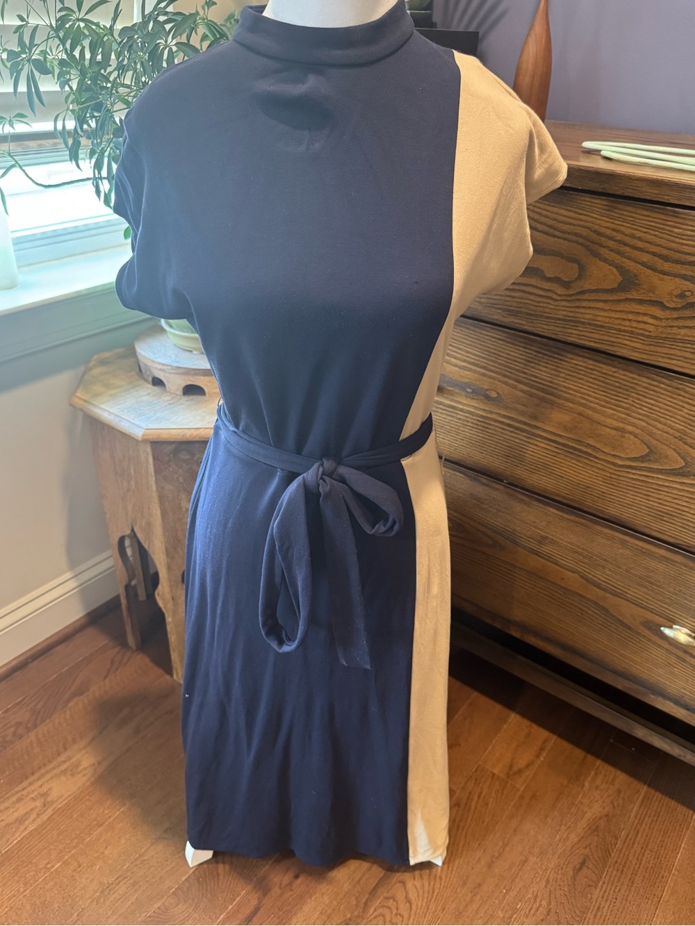 Ann Taylor Navy and Beige Colorblock Belted Midi Dress